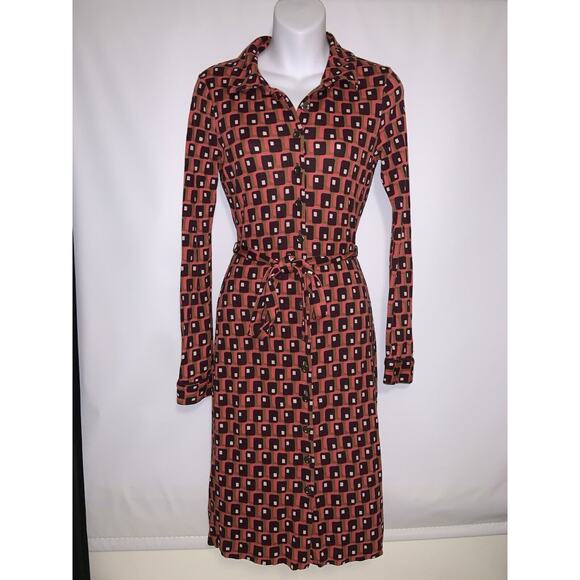 Boden Dresses & Skirts - Boden Pink & Brown Button-Down Long-Sleeve Dress UK 6 US 2 Belted Career Classic